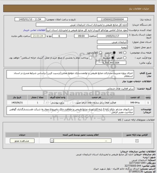 استعلام اجرای پروژه مدیریت مشارکت منابع طبیعی و توانمندسازی جوامع محلی(ترسیب کربن) براساس شرایط مندرج در اسناد استعلام