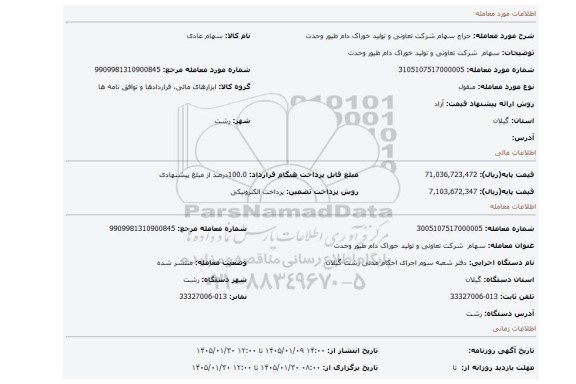 مزایده، سهام  شرکت تعاونی و تولید خوراک دام طیور وحدت
