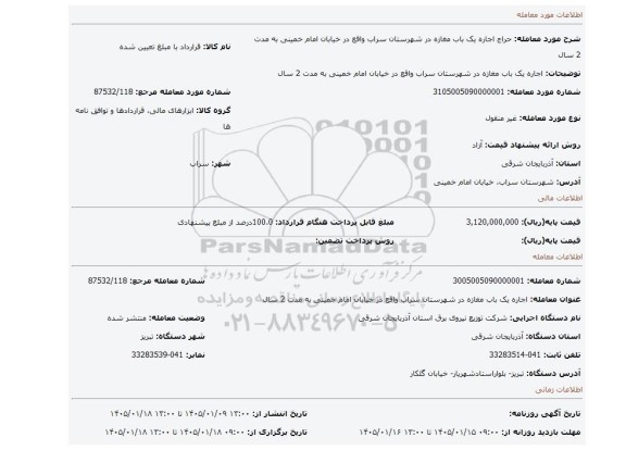 مزایده، اجاره یک باب مغازه در شهرستان سراب واقع در خیابان امام خمینی به مدت 2 سال