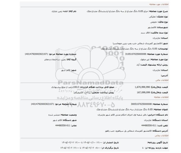 مزایده، 0.05 دانگ مشاع از سه دانگ مشاع ازششدانگ مشاع ملک