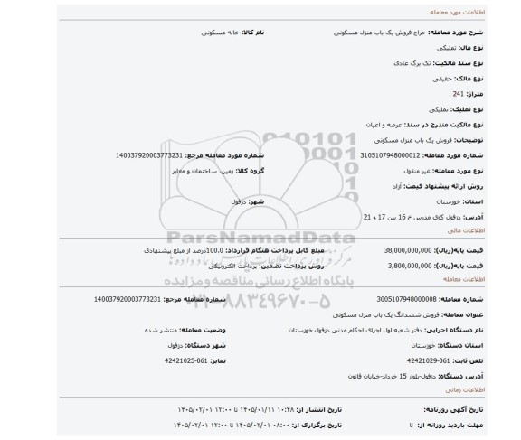 مزایده، فروش یک باب منزل مسکونی