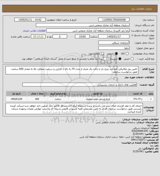 استعلام تامین بیل مکانیکی بازو بلند چرخ دار با پاکت یک متری از مدل 70 به بالا با کارایی و سرعت عملکرد بالا به مقدار 600 ساعت طبق درخواست سازمان