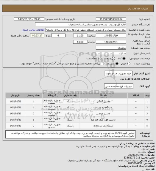 استعلام خرید تجهیزات صنایع چوب