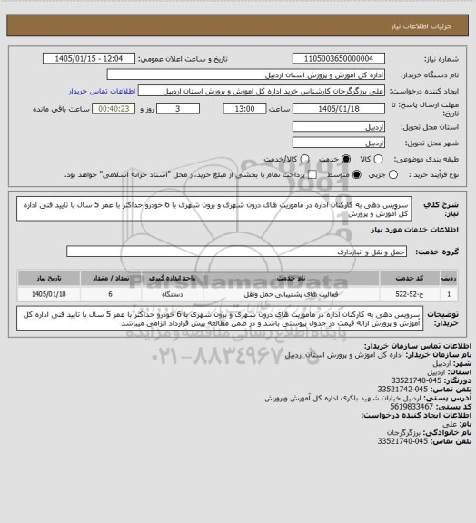 استعلام سرویس دهی به کارکنان اداره در ماموریت های درون شهری و برون شهری با 6 خودرو حداکثر با عمر 5 سال با تایید فنی اداره کل آموزش و پرورش