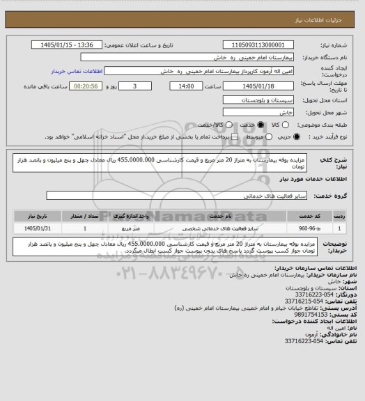 استعلام مزایده     بوفه بیمارستان  به متراژ 20 متر مربع   و قیمت کارشناسی  455.0000.000 ریال معادل چهل و پنج میلیون  و پانصد هزار تومان