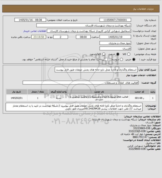 استعلام استعلام  واگذاری و اجاره محل دارو خانه های بخش جونقان  طبق فایل پیوست