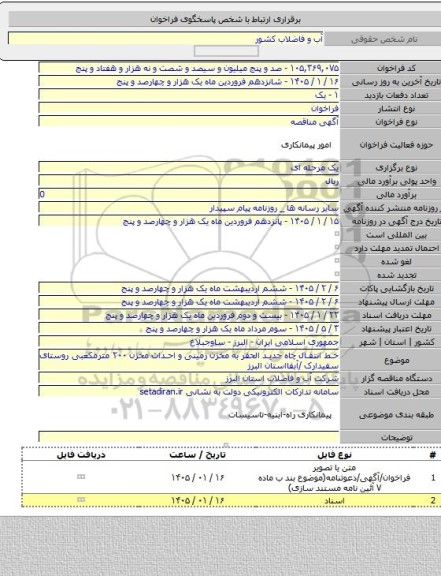 مناقصه, خط انتقال چاه جدید الحفر به مخزن زمینی و احداث مخزن ۲۰۰ مترمکعبی روستای سفیدارک /آبفااستان البرز