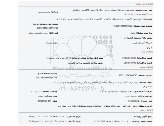 مزایده، فروش نیم دانگ مشاع از شش دانگ پلاک ثبتی 458فرعی از 6 اصلی بخش7متعلق به نصرت اله قلی فر