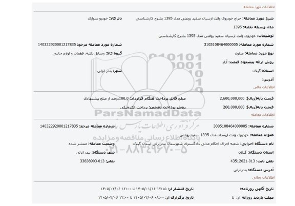 مزایده، خودروی وانت ارسیان سفید روغنی مدل 1395 بشرح کارشناسی