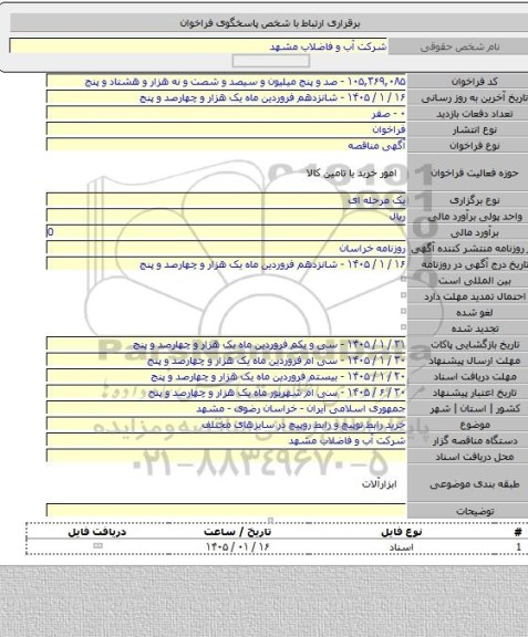 مناقصه, خرید رابط توپیچ و رابط روپیچ در سایزهای مختلف