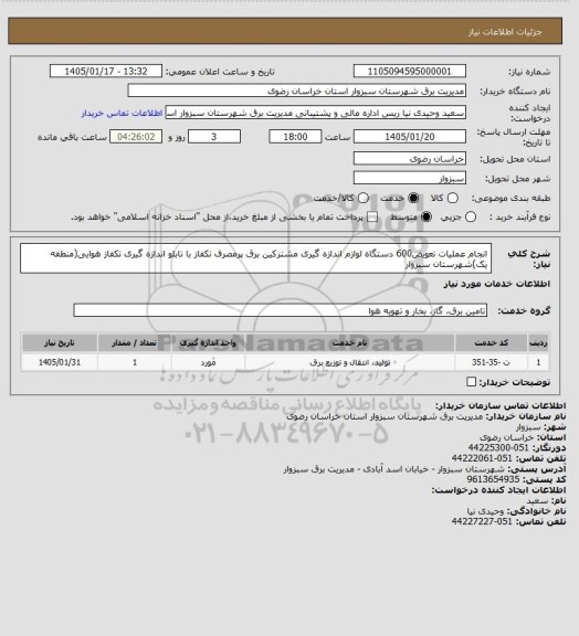 استعلام انجام عملیات تعویض600 دستگاه لوازم اندازه گیری مشترکین برق پرمصرف تکفاز با تابلو اندازه گیری تکفاز هوایی(منطقه یک)شهرستان سبزوار