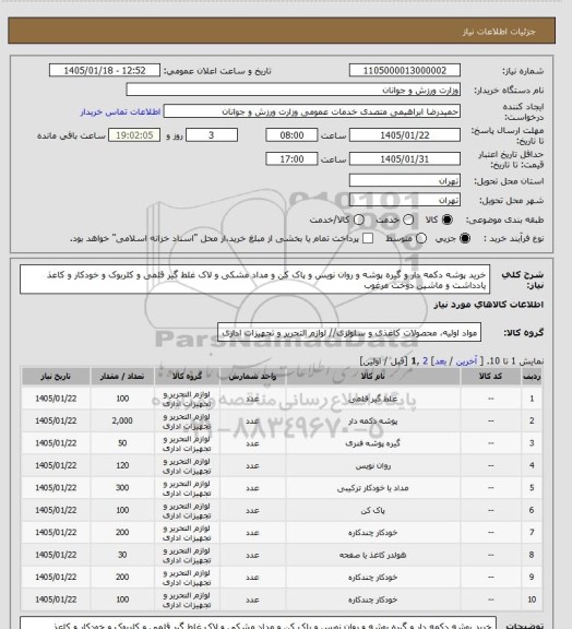 استعلام خرید پوشه دکمه دار و گیره پوشه و روان نویس و پاک کن و مداد مشکی و لاک غلط گیر قلمی و کلربوک و خودکار و کاعذ یادداشت و ماشین دوخت مرغوب