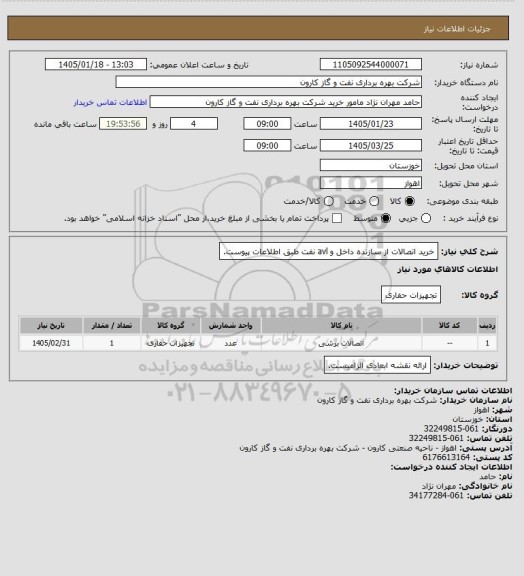 استعلام خرید اتصالات از سازنده داخل و avl نفت طبق اطلاعات پیوست.