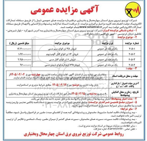 مزایده عمومی فروش 35 تن انواع سیم مسی...