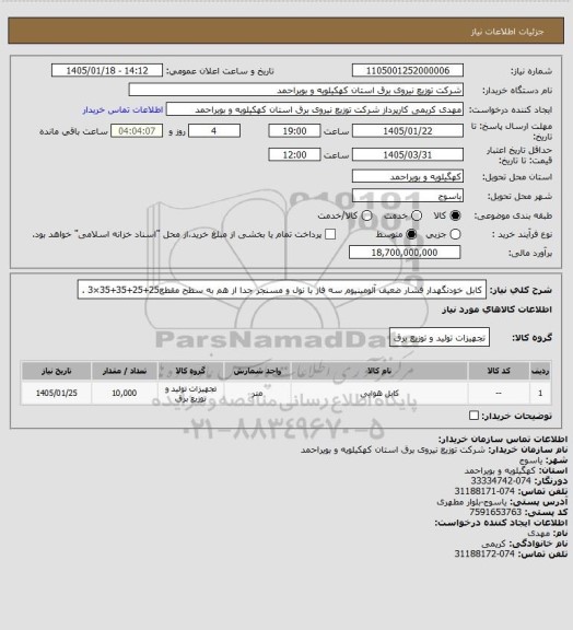 استعلام کابل خودنگهدار فشار ضعیف آلومینیوم سه فاز با نول و مسنجر جدا از هم به سطح مقطع25+25+35+35×3 .
