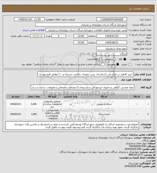 استعلام خرید 6 هزار تن انواع شن (شکسته، بیس، نخودی، بادامی، شسته و ...) مطابق فرم پیوست