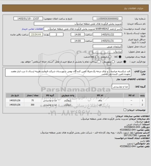 استعلام قند شکسته میاندوآب و چای درجه یک.صرفا تامین کنندگان بومی شهرستان شرکت فرمایند.هزینه ارسال تا درب انبار مقصد بعهده تامین کننده می باشد.