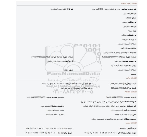 مزایده، او قاباغی  زراعی 14515متر مربع