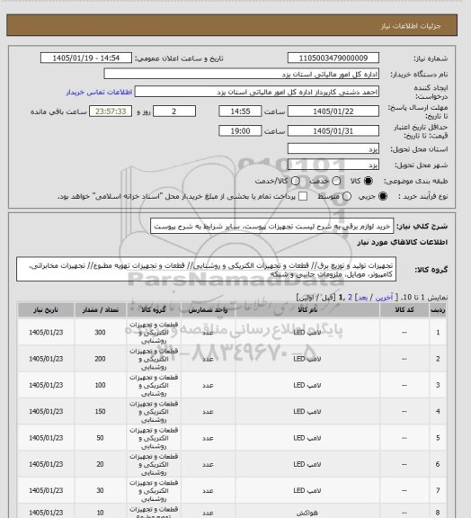 استعلام خرید لوازم برقی به شرح لیست تجهیزات پیوست، سایر شرایط به شرح پیوست