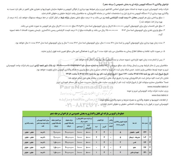 فراخوان واگذاری 21 دستگاه اتوبوس یارانه ای به بخش خصوصی   مرحله دهم 