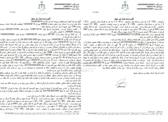 مزایده فروش شش دانگ سهم العرصه پلاک ثبتی 2174 از 78 اصلی