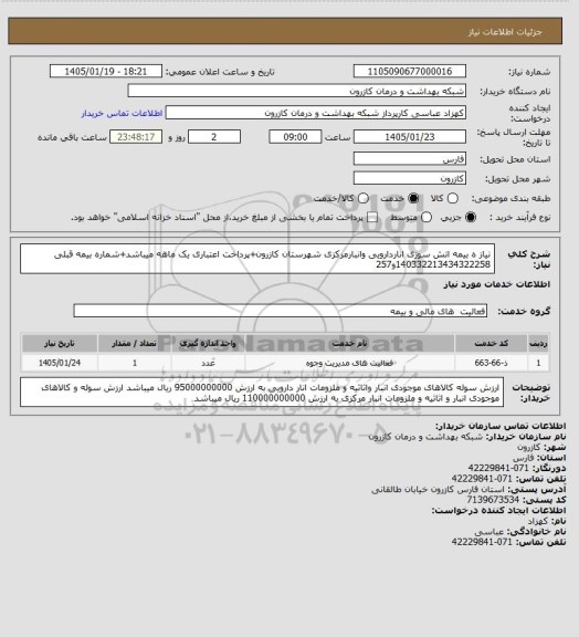 استعلام نیاز ه بیمه اتش سوزی اناردارویی وانبارمرکزی شهرستان کازرون+پرداخت اعتباری یک ماهه میباشد+شماره بیمه قبلی 140332213434322258و257