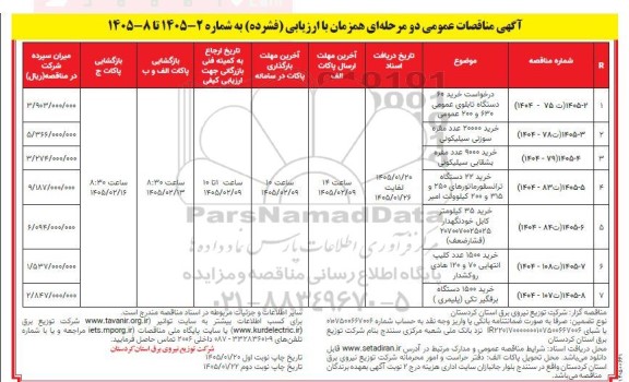 مناقصه درخواست خرید 60 دستگاه تابلوی عمومی 630 و 200 عمومی....