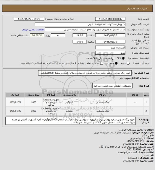استعلام خرید رنگ جدولی سفید روغنی براق و فیروزه ای روغنی براق  (هرکدام بمقدار 1000کیلوگرم)