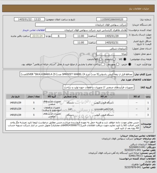 استعلام محافظ قبل از تیغه قیچی پاندولی(5 عدد)
چرخ SPROCET WHEEL (4 عدد)
 LEVER "SN:4.428440.A  (5عدد)
