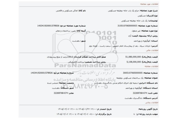مزایده، یک باب خانه دوطبقه مسکونی