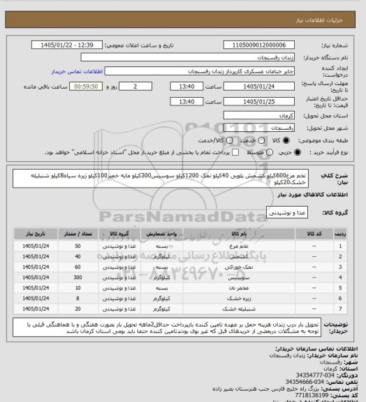استعلام تخم مرغ600کیلو کشمش پلویی 40کیلو نمک 1200کیلو سوسیس300کیلو مایه خمیر100کیلو زیره سیاه8کیلو شنبلیله خشک20کیلو