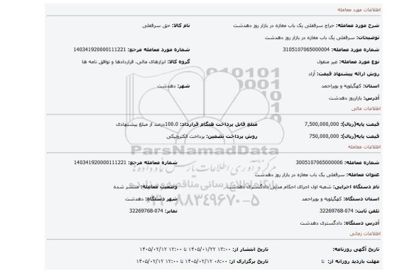 مزایده، سرقفلی یک باب مغازه در بازار روز دهدشت