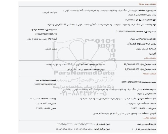 مزایده، شش دانگ اعیان و منافع استیجاری سهم العرصه یک دستگاه آپارتمان  مسکونی با پلاک ثبتی 25158فرعی از مجزی