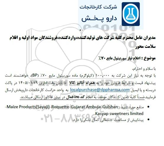 استعلام خرید 100.000 کیلوگرم ماده سوربیتول مایع 70% BP