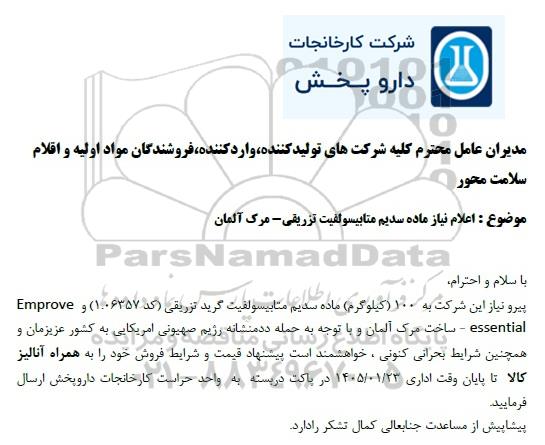 استعلام اعلام نیاز ماده سدیم متابیسولفیت تزریقی