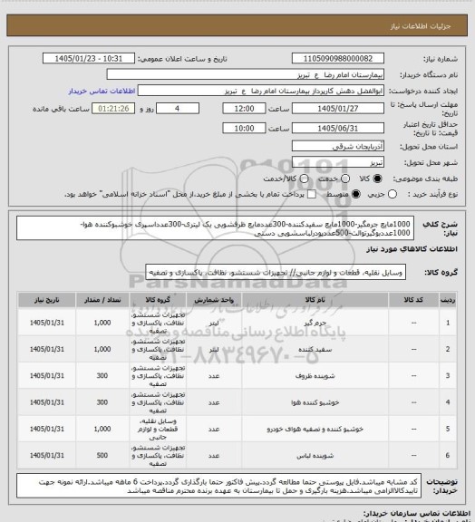 استعلام 1000مایع جرمگیر-1000مایع سفیدکننده-300عددمایع ظرفشویی یک لیتری-300عدداسپری خوشبوکننده هوا-1000عددبوگیرتوالت-500عددپودرلباسشویی دستی