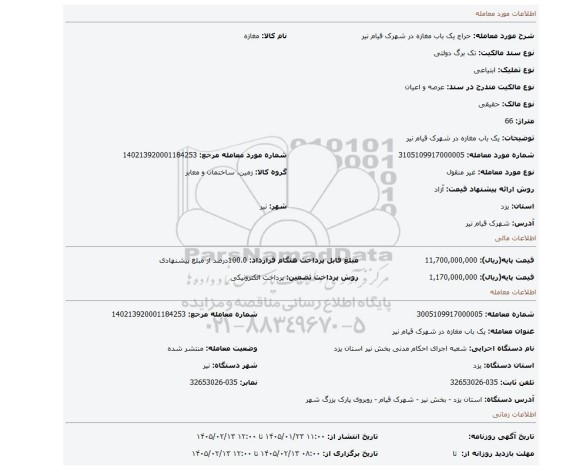 مزایده، یک باب مغازه در شهرک قیام نیر