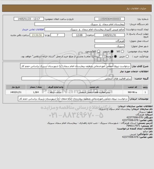 استعلام درخواست نیروی حجمی امورخدماتی وتنظیف بیمارستان امام سجاد (ع) شهرستان سیریک
براساس حجم کار