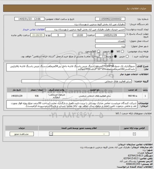استعلام جدولگذاری تک جدول50*40(270مترطول)سنگ چینی باسنگ لاشه داخل پی54مترمکعب.سنگ چینی باسنگ لاشه بالاترازپی بابندکشی162مترمکعب.صفحه20*20*5بابلت450کیلوگرم