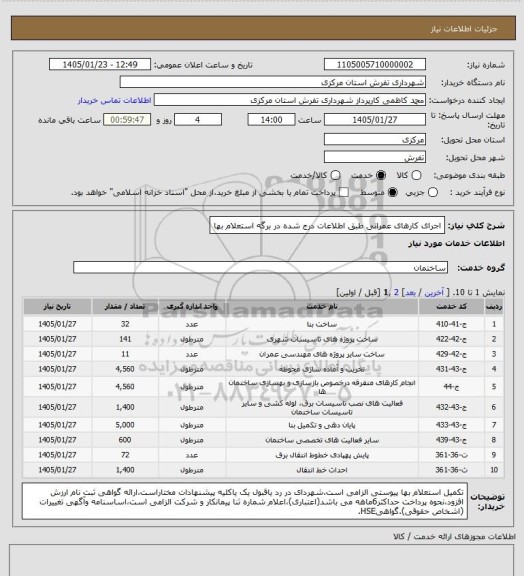 استعلام اجرای کارهای عمرانی طبق اطلاعات درج شده در برگه استعلام بها