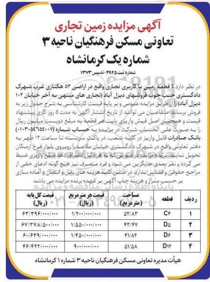 مزایده تعداد 4  قطعه زمین با کاربری تجاری