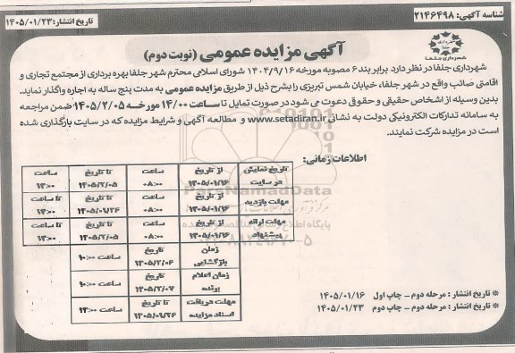 مزایده عمومی بهره برداری از مجتمع تجاری و اقامتی صائب - نوبت دوم