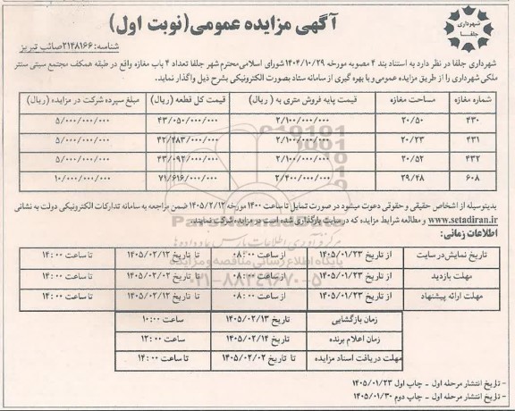 مزایده عمومی تعداد 4 باب مغازه 