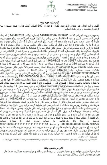 مزایده اموال غیر منقول پلاک ثبتی 1123 فرعی از 697