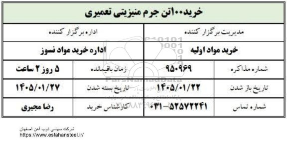 استعلام خرید 100 تن جرم منیزیتی تعمیری