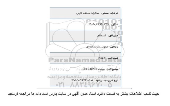استعلام یونیت GPFD GPON 