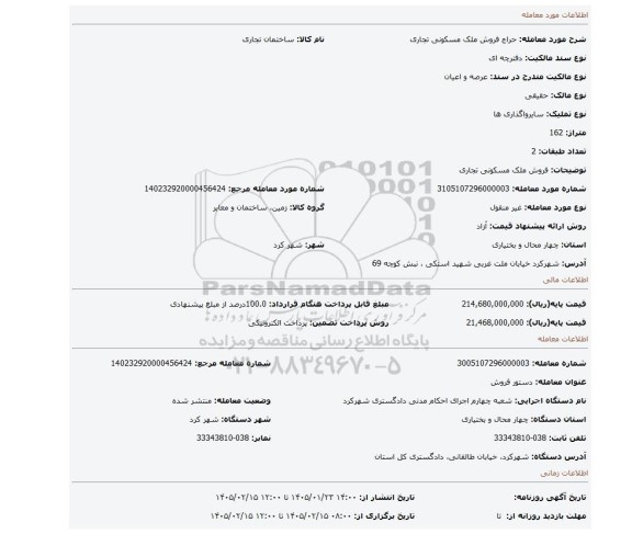 مزایده، فروش ملک مسکونی تجاری