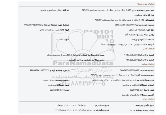 مزایده، 2.405 دانگ از شش دانگ یک باب منزل مسکونی 725/59