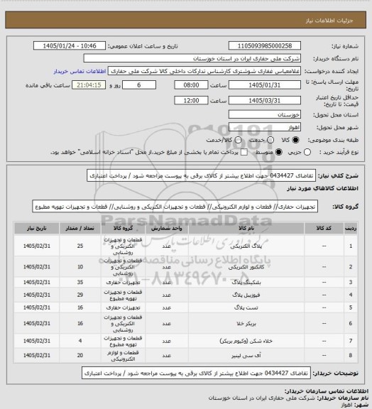 استعلام تقاضای  0434427 جهت اطلاع بیشتر از کالای برقی به پیوست مراجعه شود / پرداخت اعتباری