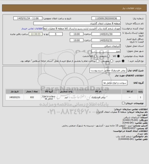 استعلام روغن هیدرولیک مطابق شرح پیوست